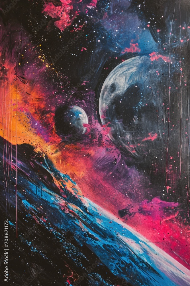 Aufkleber A painting of a space scene with a planet in the background. Perfect for science fiction or astronomy-related projects