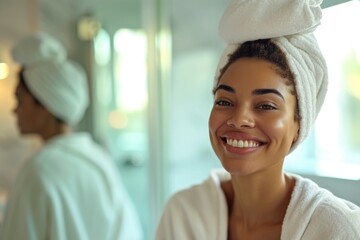 A woman wearing a towel on her head with a happy expression. Perfect for beauty and self-care concepts
