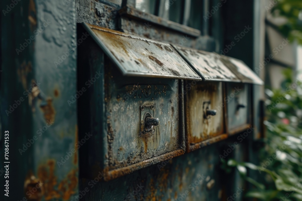 Poster A close up view of a mailbox on a building. Suitable for various applications