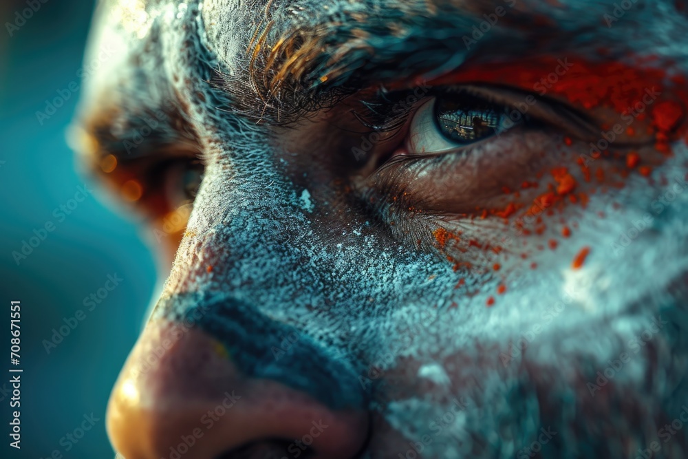 Poster a close-up shot of a man's face with vibrant paint on it. perfect for creative projects and artistic