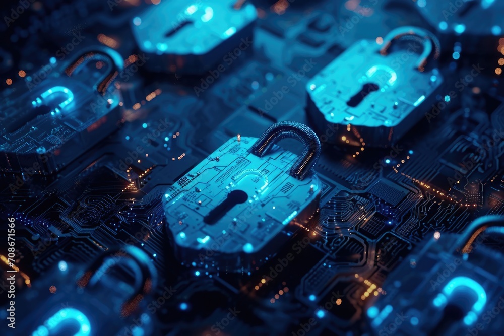 Aufkleber A detailed close up of a circuit board covered with multiple padlocks. This image can be used to represent cybersecurity, data protection, or digital security concepts