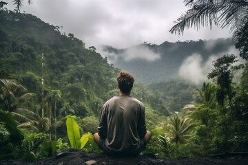 Man Sitting and Gazing at Rainforest Covered Hills with Low Hanging Clouds A Tranquil Back View Contemplating Nature