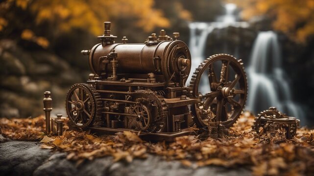 old steam locomotive Steam punk  waterfall of invention, with a landscape of wooden gears and tools, with a Waterfall 