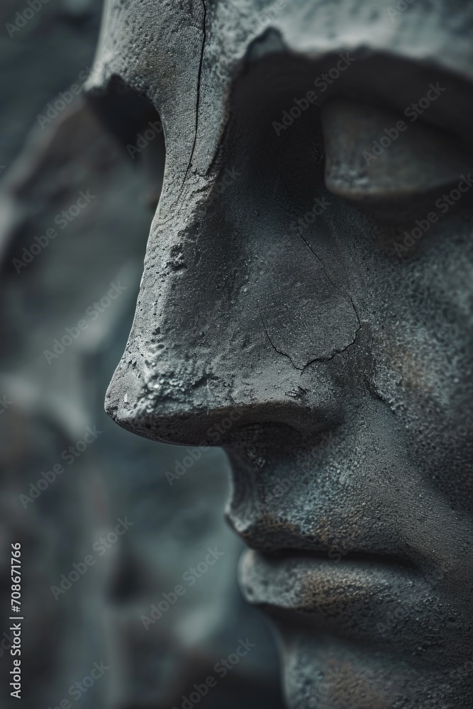 Poster A detailed close-up of a statue depicting the face of a man. Perfect for adding a touch of elegance and sophistication to any project or artwork