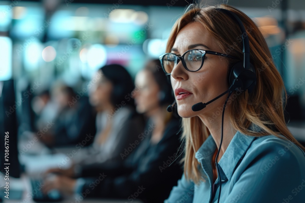 Poster a woman wearing a headset sitting in front of a computer. ideal for call center, customer service, o
