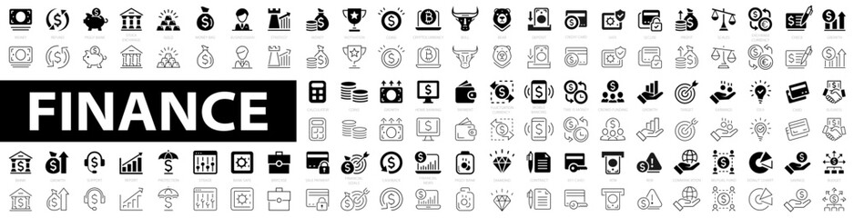Finance line and flat icons set. Business Icons, money signs. loan, cash, saving, financial goal, profit, budget, mutual fund, earning money, piggy bank and more. Stock vector. - obrazy, fototapety, plakaty