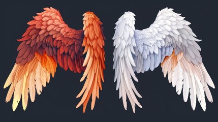 Fototapeta premium Three different colored wings on a black background. Can be used for various design projects