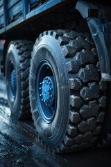 Close up of a truck tire on a road. Perfect for transportation and automotive-related projects