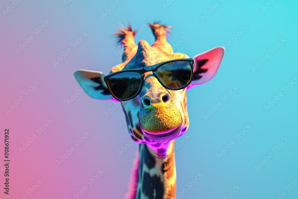 Poster close up of a giraffe wearing sunglasses. perfect for adding a touch of humor to your designs