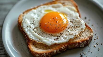 A simple and delicious piece of bread topped with a fried egg. Perfect for breakfast or brunch