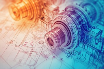 A detailed view of a mechanical device on a blueprint. This image can be used to illustrate engineering, technology, or industrial concepts - obrazy, fototapety, plakaty