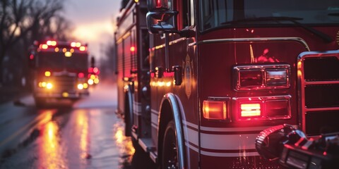 Fire trucks in action on a street. Suitable for emergency response and firefighting concepts