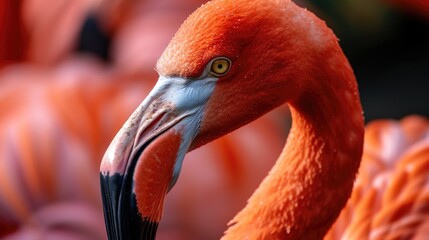 A detailed view of a flamingo's head and neck. Perfect for nature enthusiasts and wildlife photography projects - obrazy, fototapety, plakaty