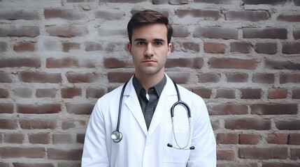 Portrait of young male doctor with stethoscope against brick wall
