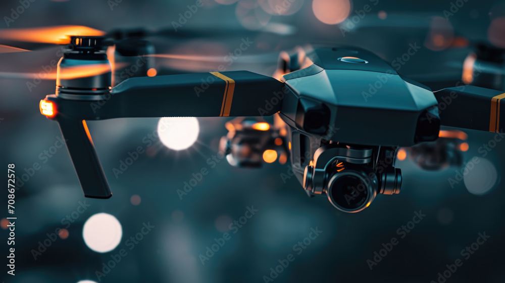 Poster a close-up view of a small drone in flight. perfect for technology or aerial photography concepts