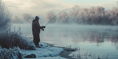 A man is seen fishing in a lake on a cold winter day. This image can be used to depict the tranquility and solitude of winter fishing - obrazy, fototapety, plakaty