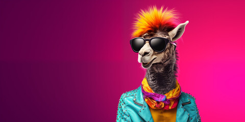 Punk Rock Colorful Llama Animal Vibrant Bright and Fashionable Outfit and Background Sunglasses Banner Advertisement Fun Creative Birthday Invitation generative ai