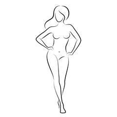 Silhouette of a nice lady, she is standing. The girl has a beautiful naked figure. The woman is a young sexy and slender model. Vector illustration.