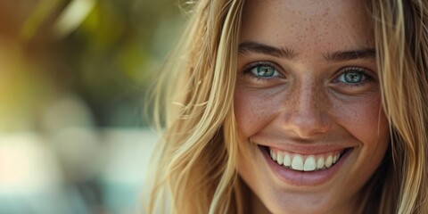blonde with a white-toothed smile close-up portrait Generative AI