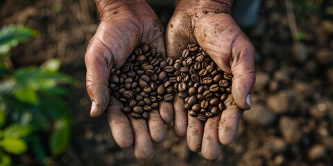 wrinkled hands holding coffee beans in their hands Generative AI