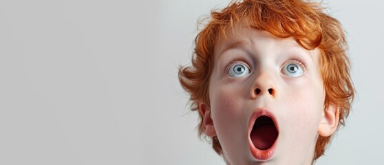 the child opened his mouth in surprise on a white background close-up Generative AI