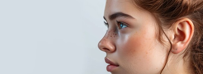 young girl with clear skin in profile on a Light background close-up Generative AI - obrazy, fototapety, plakaty