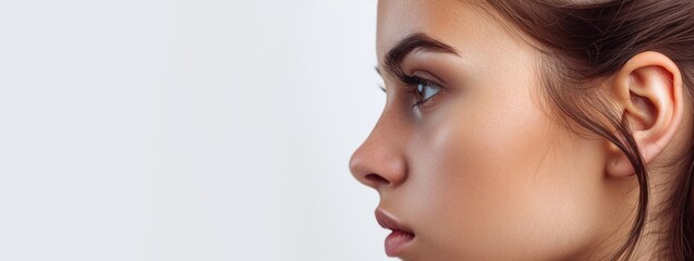 Naklejka premium young girl with clear skin in profile on a Light background close-up Generative AI