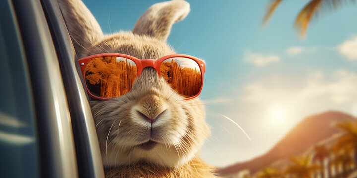 Hare Bunny Rabbit in Car with Head out the Window Driving Wearing Sunglasses on bright spring summer day traveling roadtrip generative ai