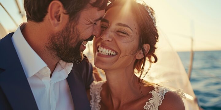 newlyweds on a yacht close-up Generative AI
