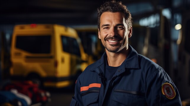 Portrait of a smiling firefighter in front of a fire truck