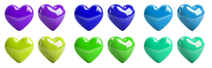 Collection set of 3D heart love, front and side view on transparent background cutout, PNG file. Many colours. Mockup template artwork graphic design. purple, turquoise, blue, green, lime