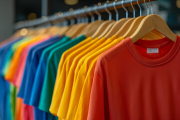 Obraz premium Colorful Collection of T-Shirts Displayed for Sale in a Shop, Hung on Wooden Clothes Hangers in a Clothing Rack Perfect Summer Tops Assortment Vibrant Wardrobe