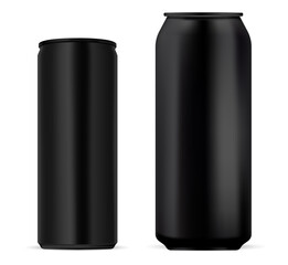 Black aluminum beer can vector template. Energy drink package design, slim cylinder shape. Soda can, metal packing. Realistic coffee beverage jar, empty label design - obrazy, fototapety, plakaty