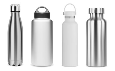 Water bottle mockup. Steel metal thermo flask, vector mockup. Reusable stainless steel sport bottle, isolated on white. Gym or travel water container, closed with cap, portable blank template
