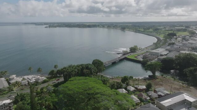 aerial shot of bay of Hilo Hawaii descending behind tree