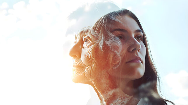 Double exposure effect. Portrait young woman and an elderly woman, a combination of youth and old age