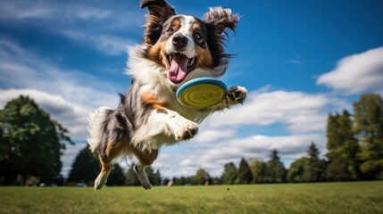Exuberant dogs jump high to catch a frisbee - a snapshot of lively animal behavior and joyful moments.