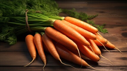 A bouquet of ripe carrots with green tops on a wooden surface, a bright and fresh harvest. - Powered by Adobe