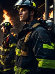 Obraz premium Group of Men Standing Together in Front of a Fire, Camaraderie and Bonding. Generative AI.