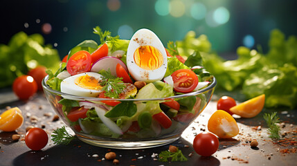  salad full of vegetables fruit and pieces of boil egg