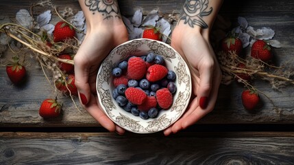Top view: Ripe, colorful berries in an ornate bowl, framed by hands, fresh and organic bounty.