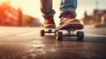 Street skateboarding detail, weathered shoes on board, youth culture, vibrant sunset backdrop. - obrazy, fototapety, plakaty