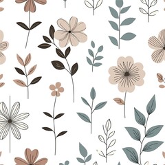 Fototapeta premium Minimalistic flower seamless pattern design, seamless pattern with flowers, elongated stems leaves, creating a linear and elegant design that represents the essence of flowers in a simple form.