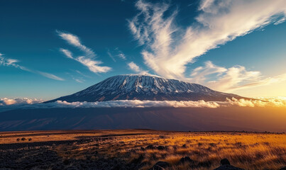 arid dry African savanna in late evening with Mount Kilimanjaro