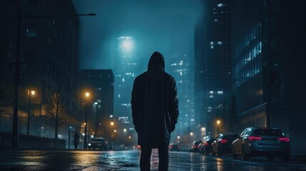 A hooded man walks through a de-energized city. Blackout. The electricity is turned off. Night. Without light. The view from the back. - obrazy, fototapety, plakaty