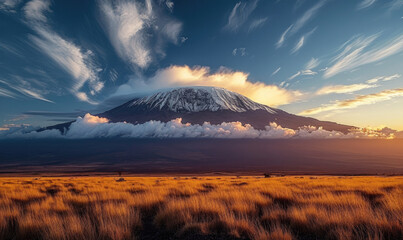 arid dry African savanna in late evening with Mount Kilimanjaro