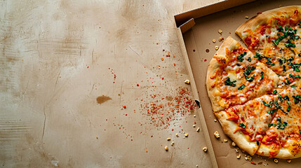 A cardboard pizza box with leftover pizza sits on the table. - obrazy, fototapety, plakaty