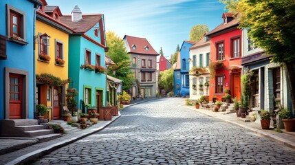 "A winding cobblestone street lined with quaint, colorful houses, exuding timeless charm."