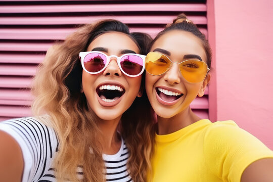 Cheerful Friends Taking a Selfie with Colorful Sunglasses