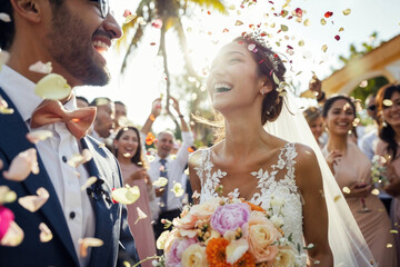 A joyful bride and groom showered with flower petals on their wedding day.